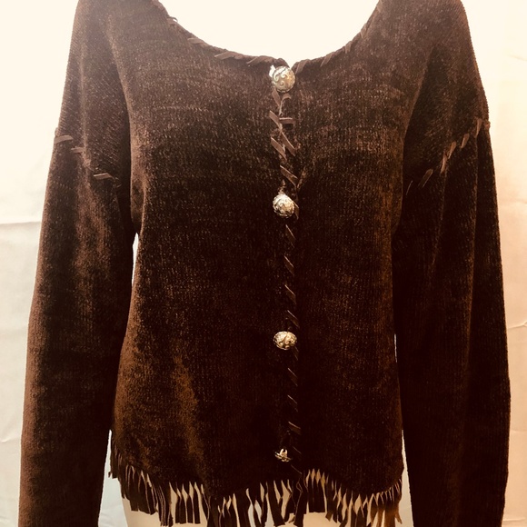 Brown Velour Sweater With Fringe Size Medium - Picture 1 of 6